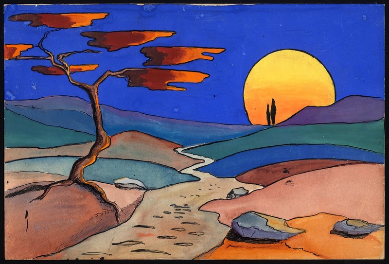 Original Painting-LANDSCAPE-DESERT-MOON-RISING-TREE-PATH-1960
