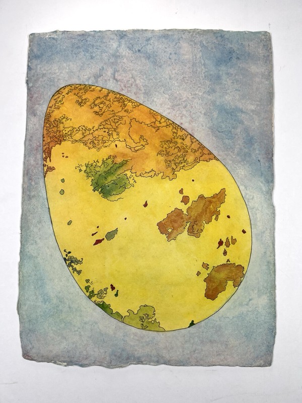 Watercolor Painting Abstract Egg With Lines & Cracks 12×9” Org Easter Folk Art