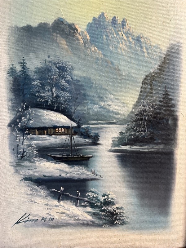 Vintage Signed winter landscape oil on canvas 11x17”wood frame gallery