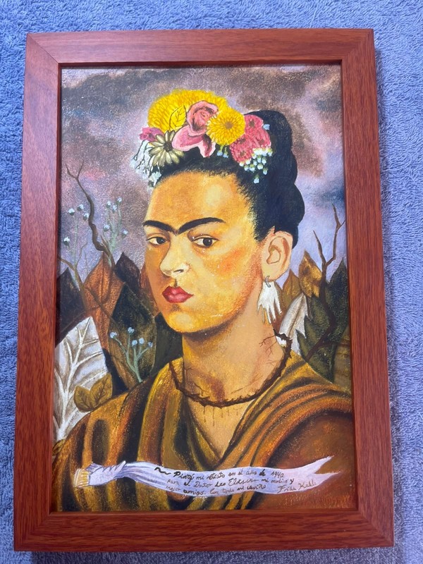 FRIDA KAHLO DRAWING ON ANTIQUE WOOD, FRAMED ON WOOD, SIGNED AND SEALED