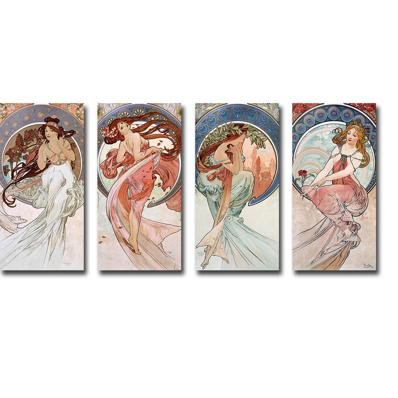 Music, Dance, Poetry & Painting by Mucha 4-pc Canvas Art Set (16 in x 8 in Each)