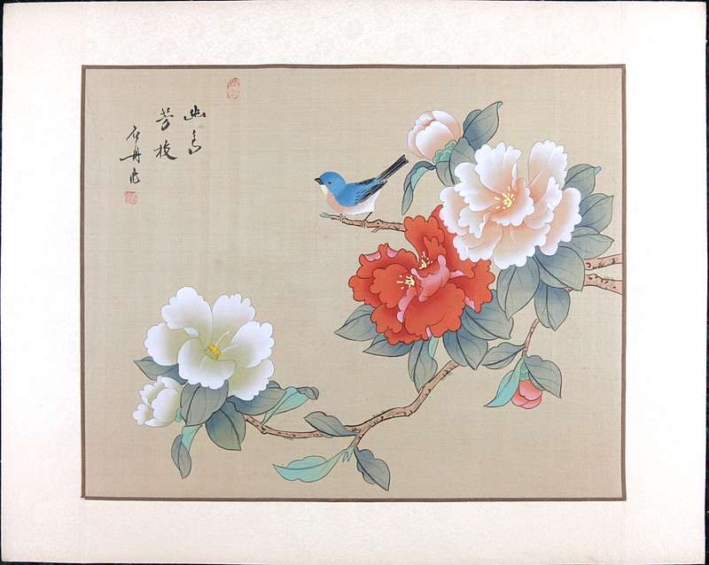 Vintage Oriental Painting, Asian Watercolor on Silk Paper, A little Blue Bird