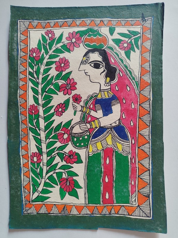 INDIA MITHILA MADHUBANI PAINTING LADY PLUCKING FLOWERS 7X11 INCH #17