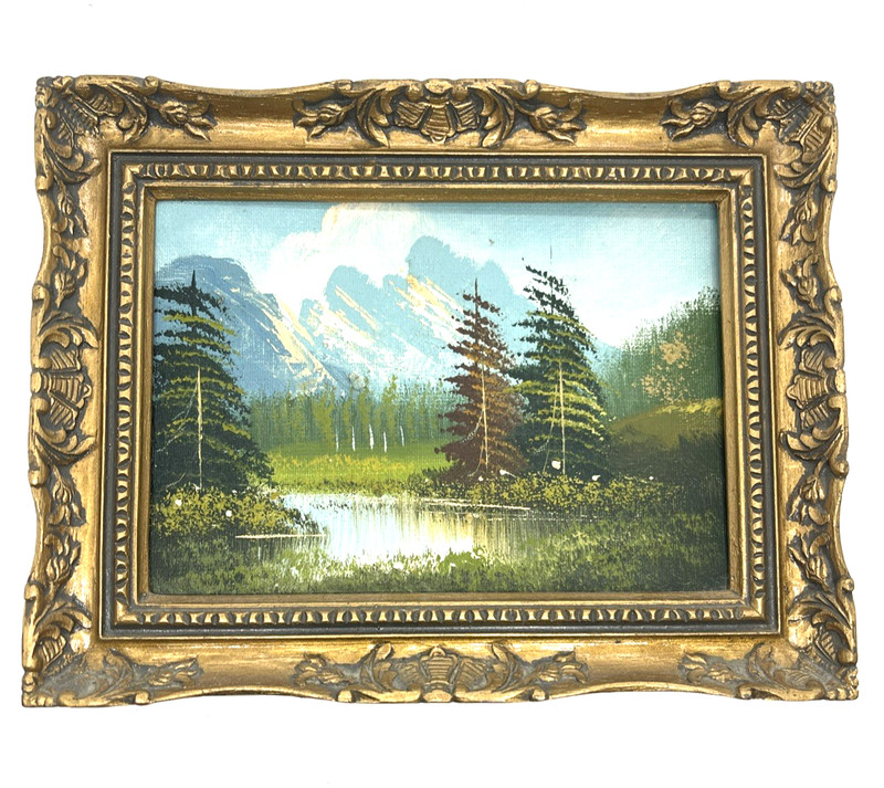 Vintage Mountain Landscape Oil on Board Painting Ornate Gold Frame 9” x 7.5”