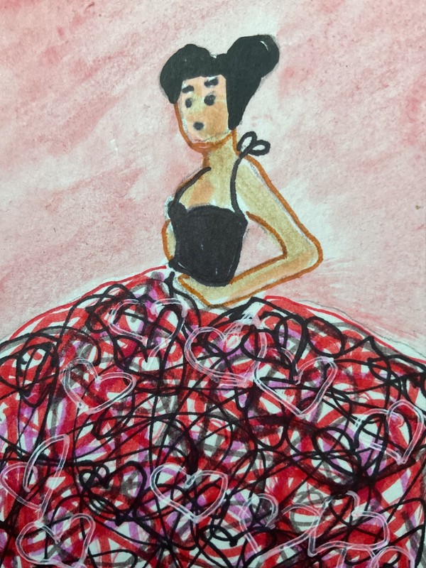 ACEO watercolor art by PJ, art card 2.5 x 3.5: scribble heart dress