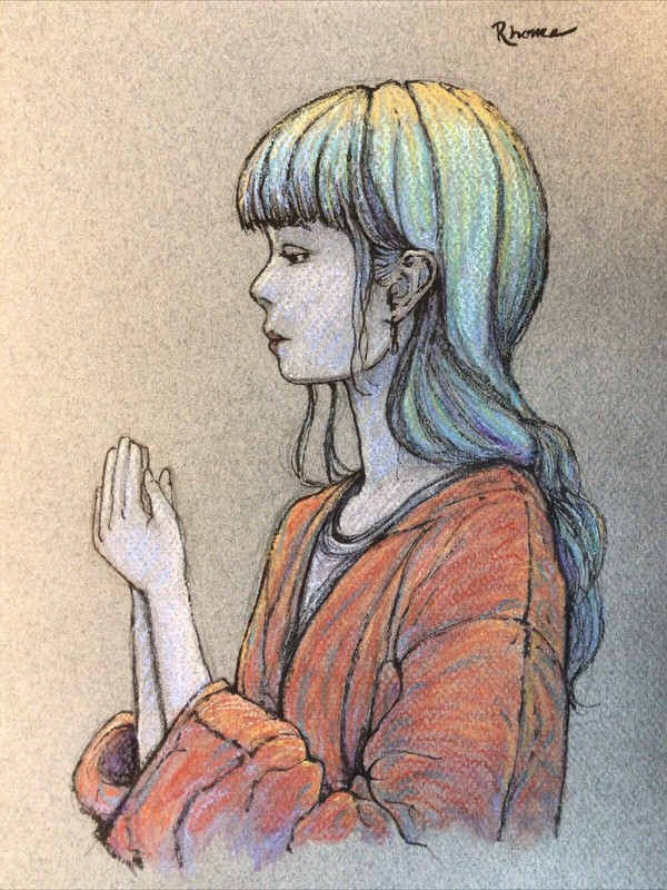 Original Pastel And Ink Sketch, 9×12 Inches, Woman Praying, Multicolor Hair