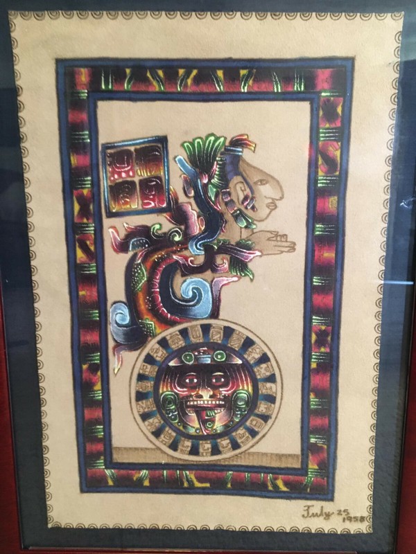Mexico Mayan Pyrography Leather Painting in Custom Frame VERY RARE 20"x14 1/2" gallery