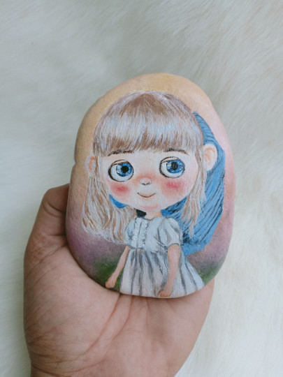 100% Hand Painted Rock Big Eyes Cute Girl Sweet Child Gift Painting Portrait