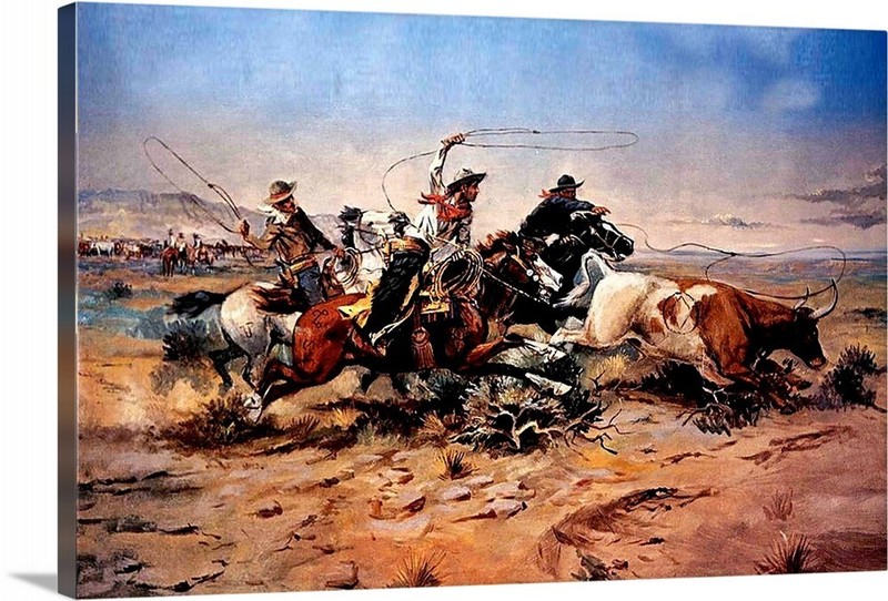 Canvas Wrap Giclee Art Roping – Old West Cattle Drovers Charles Russell 16×24