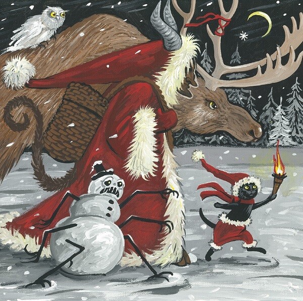 4×4 print of painting RYTA Christmas Krampus black cat Halloween Folk Art Elk 🎄