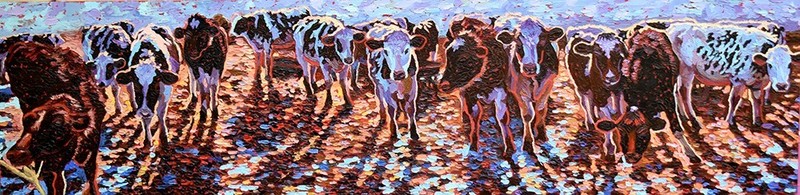 12×48 Framed Original Oil Painting Cows Textured Hand Painted Wall Decor