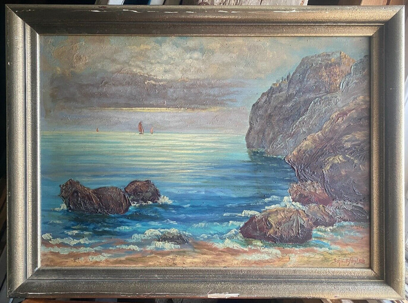 :: 1920 OIL PAINTINGS SCHMITT-HEYL CAPRI ITALY MEDIAN ROCKY BEACH