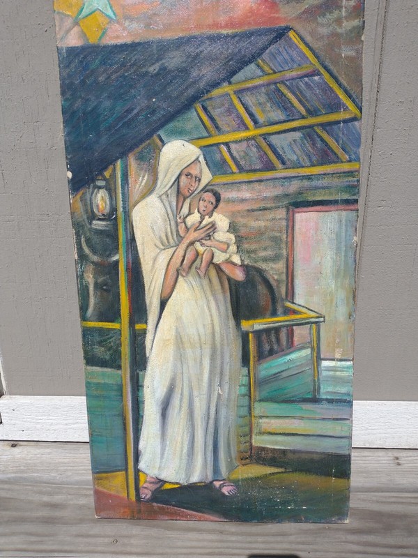Antique Black Madonna W/ Child Oil Canvas Painting Signed