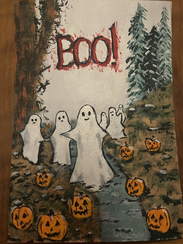 Original Acrylic 10”x7” Ghost Party In The Woods Painting