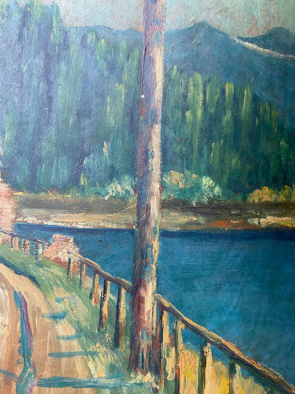 ::ROAD ON THE SHORE °ALPS FIR OIL PAINTING FRAME POWER POLE SHORE MOUNTAINS ANTIQUE SHORE gallery