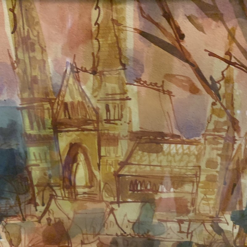 Gouache Watercolor Painting Church 37x30” by Aldo German French Cityscape rare gallery