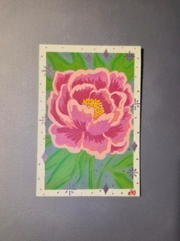 ACEO Original Art Card, One Of A Kind Peony Painting, Signed By Artist.