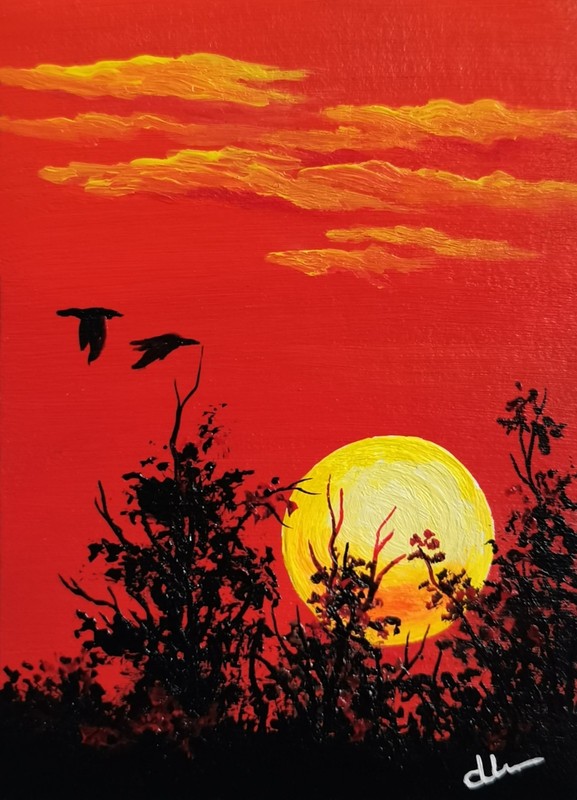 "Golden Sunset" ACEO Original Hand Painting Vintage Collectable Art Signed ATC