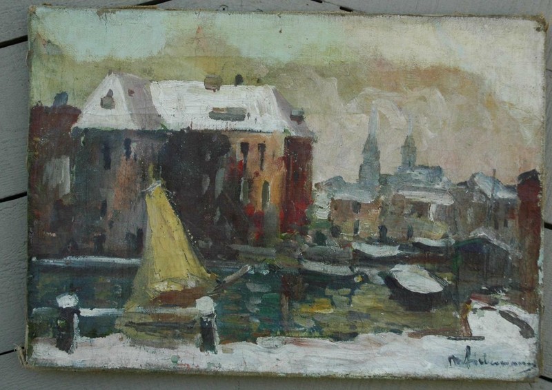 Antique Impressionistic Oil on Canvas of A European Canal Scene Illegibly Signed gallery