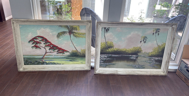 Set of 2 Framed Contemporary Landscape Oil Paintings, Palm Trees & Water Scenes