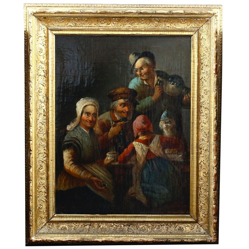 Antique 18thC Austrian signed Emile…? O/C painting TEA PARTY old master school