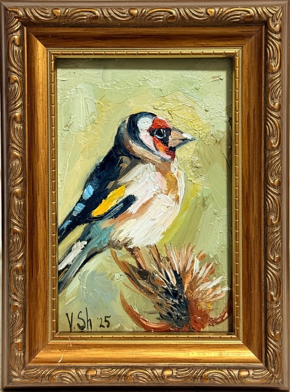 Goldfinch Original Oil Painting Bird Artwork Golden Framed Signed Art 6×8 in