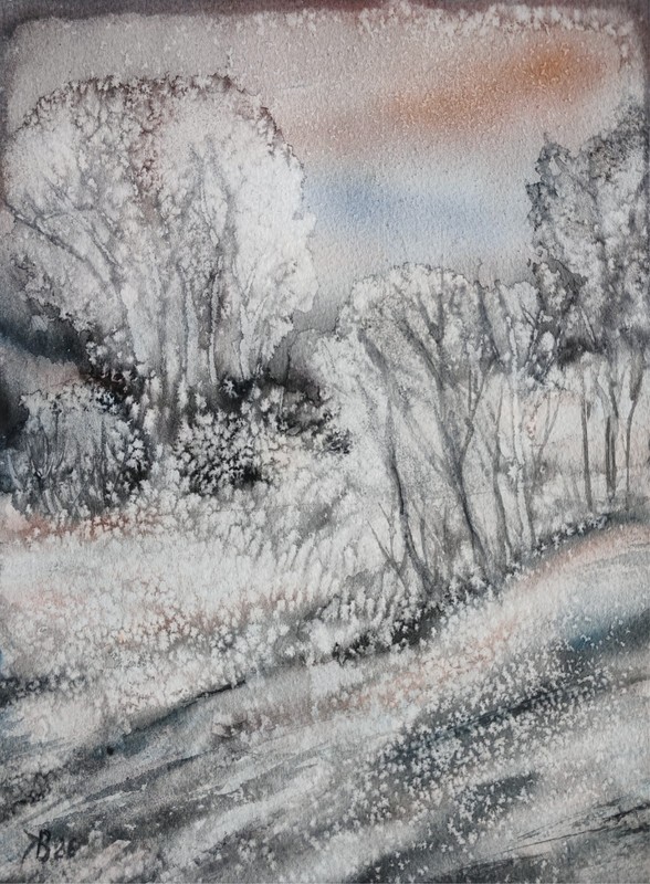 Original Watercolor Landscape Painting Winter Snow Forest Trees