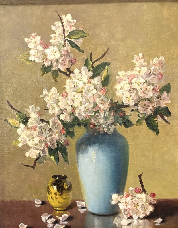A.D. GREER 20th c. American TEXAS ARTIST Still Life Painting CRABAPPLE BLOSSOMS gallery