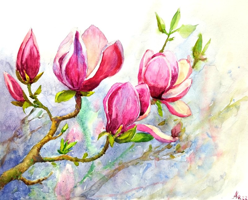 Pink Magnolia Flowers watercolor Painting Spring Floral Wall Art Décor