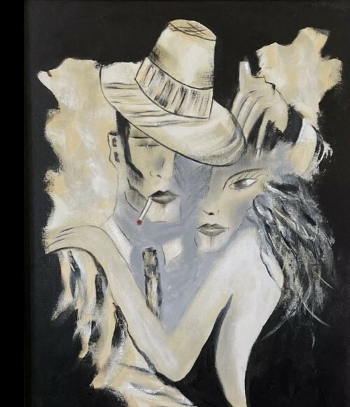 ABSTRACT "TWO ROMANTICS"; 18-1/2"x 26-3/4" ACRYLIC ON CANVAS by Artist LUCADANO gallery