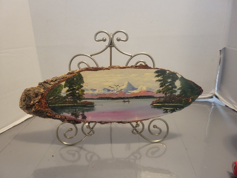 Vintage Hand Painted Painting On Wood Slab-River Mountain Jensen Forest Folk