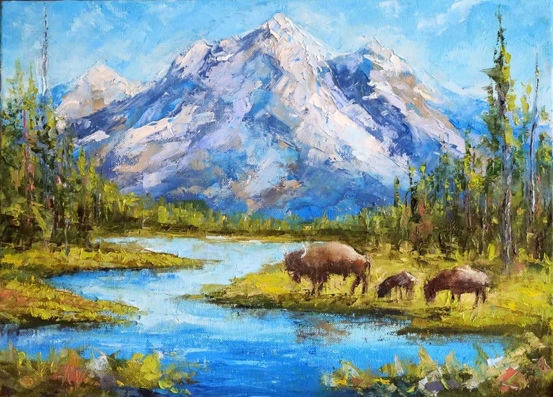 Wyoming Yellowstone Mountain, River and Bisons 12×16″ Handmade Oil Painting