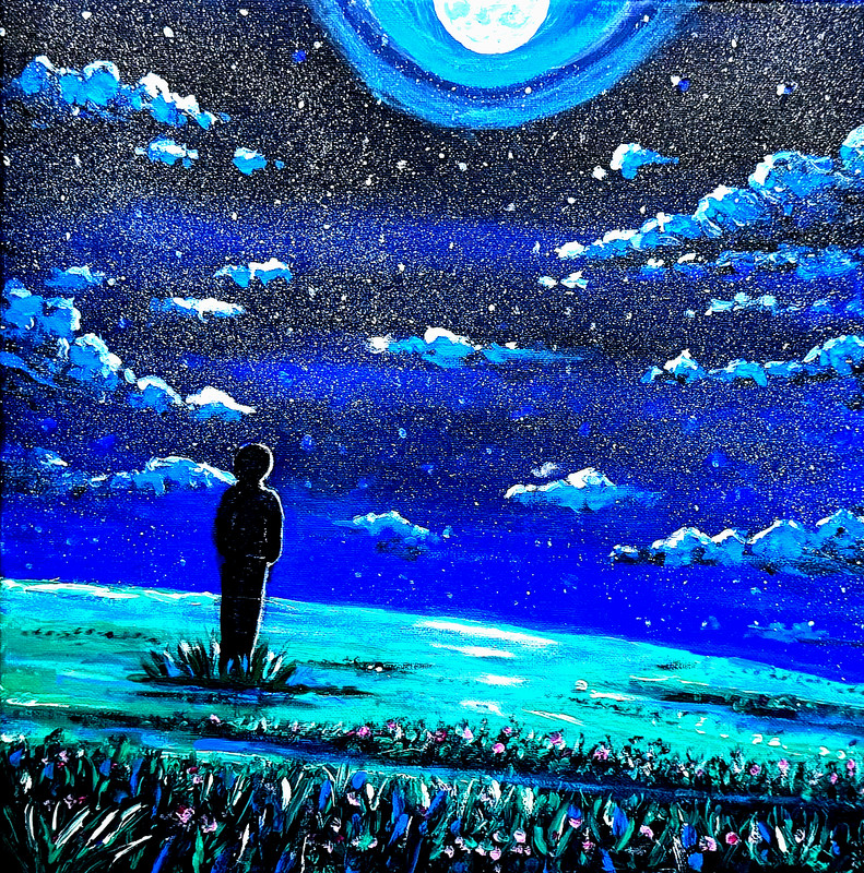 Original Painting Moon Light boy Land scape Art SIGNED + COA