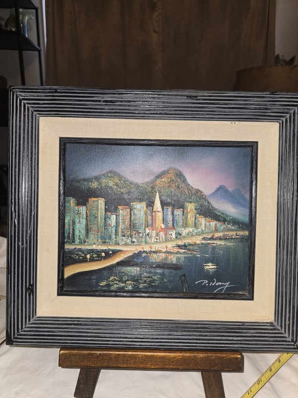 Rare P. Wong MCM Vibrant Cityscape/Skyline In Harbor Mountain Backdrop Painting