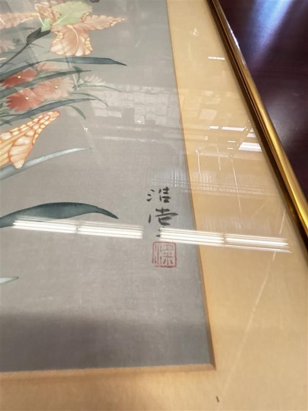 Vintage Asian Floral Silk Painting with Birds – Signed & Sealed – Framed gallery