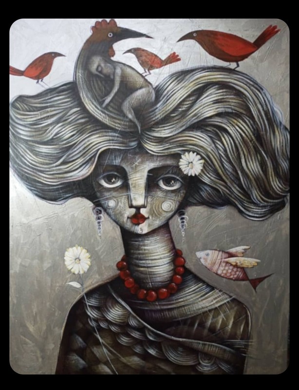 Acrylic On Canvas By Carlos Cesar cuban art 40×32 In» RED PEARLS,RED BIRDS».
