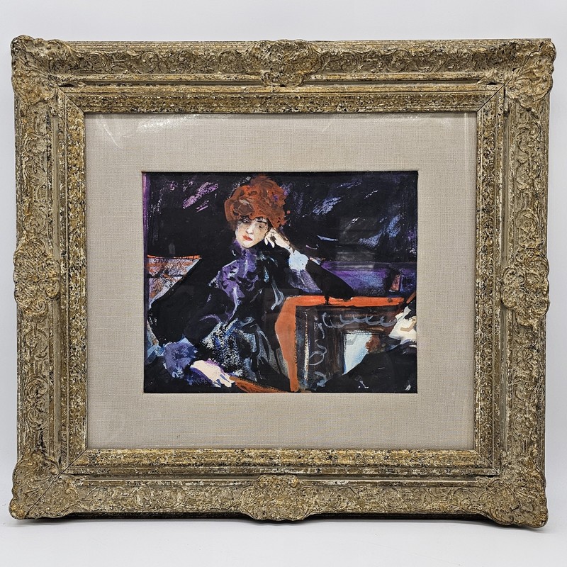 Vintage Expressionist Portrait Woman Gouache/Watercolor Painting Heydenryk Frame