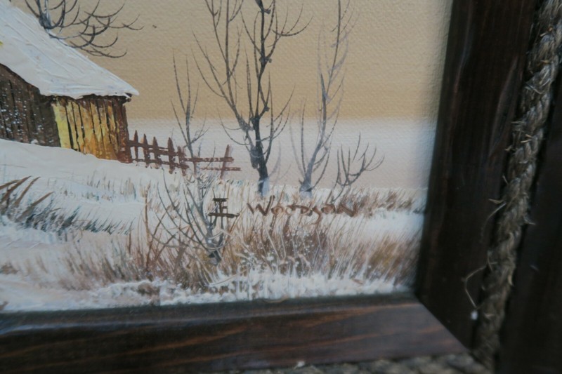 Vintage Everett Woodson Barn Landscape Signed Framed Oil on Board Painting gallery