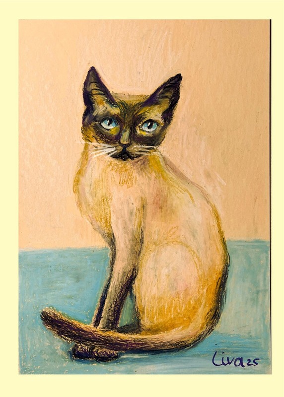 «Blue-Eyed Gaze» – Original Siamese Cat Portrait in Oil Pastel by Lena Iv