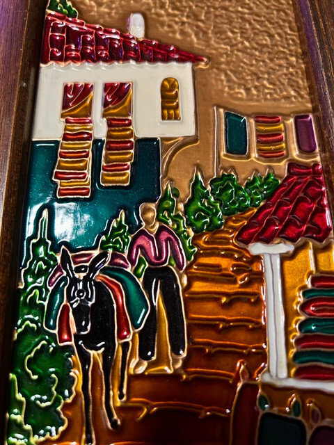 Rustic Greek Enamel Wall Art-Village Scene Man & Donkey boho Please see pictures gallery