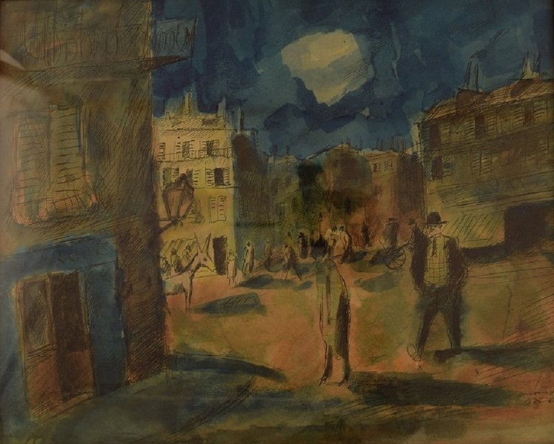 Mogens Vantore: Scenery from Paris. Crayon, pencil and watercolor on paper.