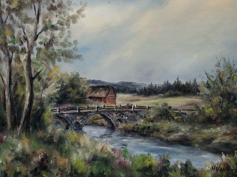 Impressionist Landscape In Sweden River Bridge House Clouds 62.5X51 gallery