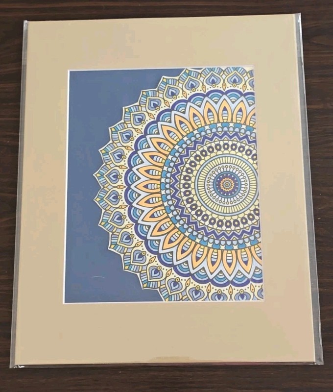 Handcolored Mandala, Gold Matte, Artwork, Blues And Golds, 14″ x 11″