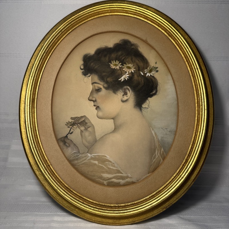 1895-1901 Art Nouveau Portrait Lady V. Tojetti Oval Frame Oval 20″ Water Color
