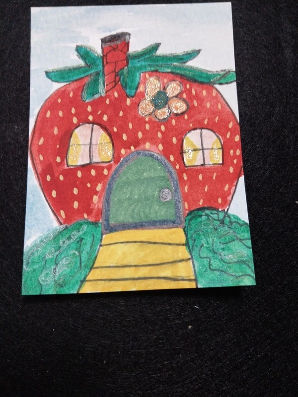 ACEO Original Art Tiny Art ATC Watercolor Strawberry House Whimsical Fantasy GAT gallery