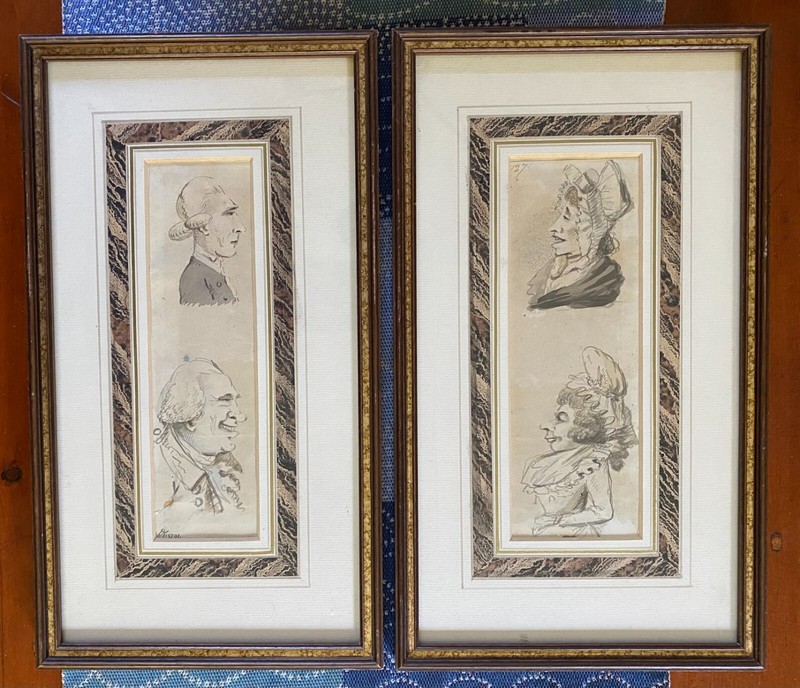 FINE Pair 18th c. Watercolor Portraits English Caricaturist JOHN NIXON, Framed