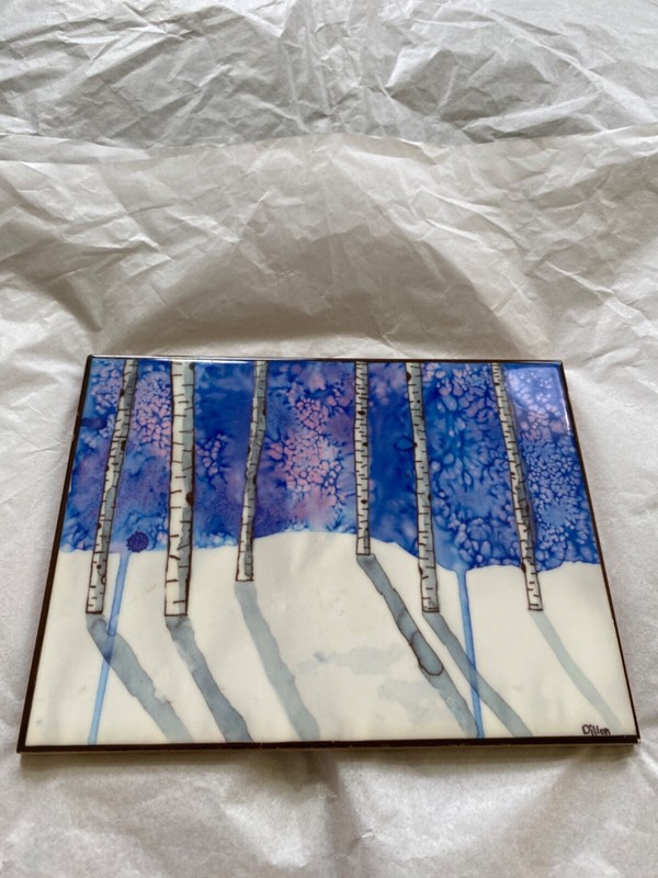 SIGNED DILLON TILE ART 7 1/2″ x 6″ WINTER WHITE BARK TREES IN SNOW
