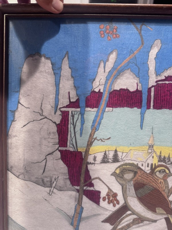 VTG Framed Abstract Painted Felt Art Birds Church Snowy Winter Scene Landscape gallery