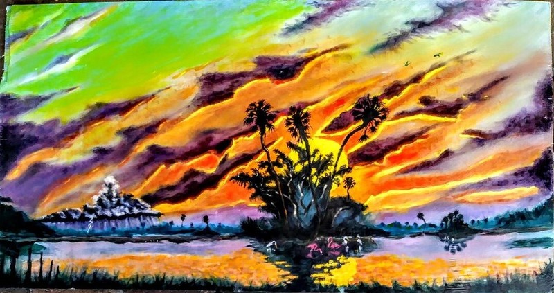 Dramatic Florida Landscape Oil Painting on wood panel by Winsor Newton 21×40