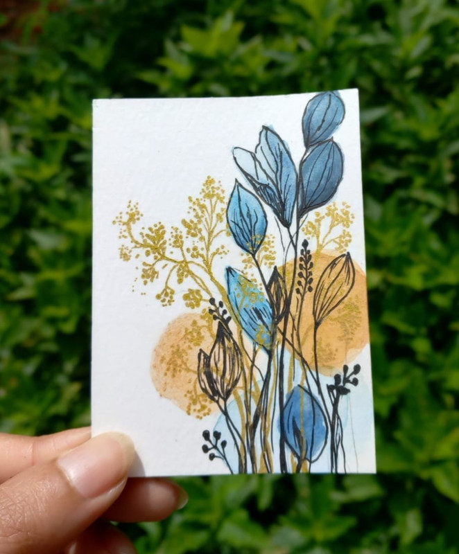 Original ACEO Watercolor Painting OOAK Abstract Blue Leaves Gold Botanical Art
